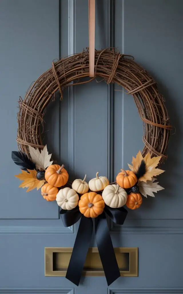 A photograph of a striking gray door centered against a matte charcoal wall, showcasing a meticulously crafted grapevine Halloween wreath. The wreath, tightly woven with subtle irregularities, features miniature matte orange and ivory pumpkins, dried maple leaves, and a few discreet black feathers artfully arranged within its circular form. A wide satin ribbon in deep black forms a crisp, angled bow at the base, while tiny plastic spiders subtly accent the vine texture, catching soft side light revealing intricate ridges and shadows. A narrow leather strap supports the wreath above a brass mail slot, and the entire scene is illuminated with soft, diffused natural light.