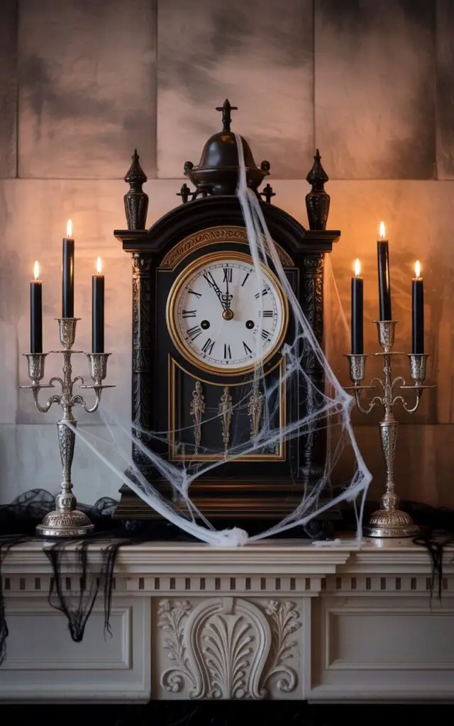 A photograph of a grand, antique-style mantelpiece dramatically adorned for Halloween. At the center sits a large, ornate clock with Roman numerals frozen at midnight, its dark wood intricately carved with gothic details. Black, dripping candles in elaborate silver holders flank the clock, while delicate cobwebs drape across its face and spill onto the surrounding mantel. The scene is softly lit by the flickering candlelight, casting long, eerie shadows across the textured stone background.