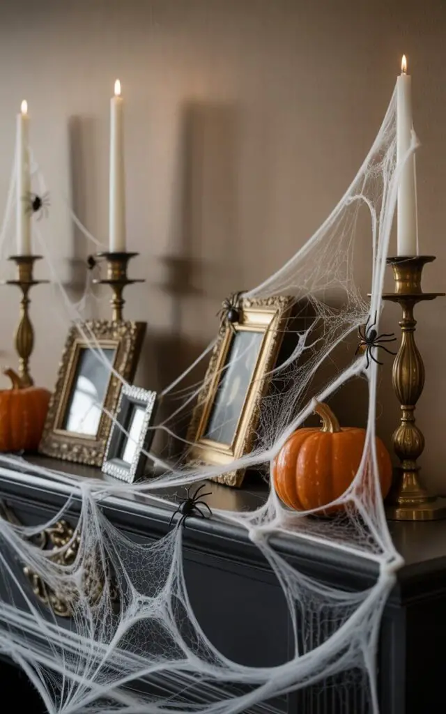 A photograph of an elegantly haunting Halloween mantel draped in delicate faux cobwebs that shimmer in soft, ambient lighting. The wispy white webs stretch artfully across vintage brass candlesticks, ornate picture frames, and small orange pumpkins, creating intricate patterns that catch and filter the gentle glow. Tiny black plastic spiders perch strategically on the silken threads, casting dramatic shadows that dance across the wall behind the mantel. The composition maintains a refined minimalist aesthetic with carefully curated props arranged to suggest natural abandonment, where each cobweb layer adds depth and texture without overwhelming the sophisticated spooky atmosphere.
