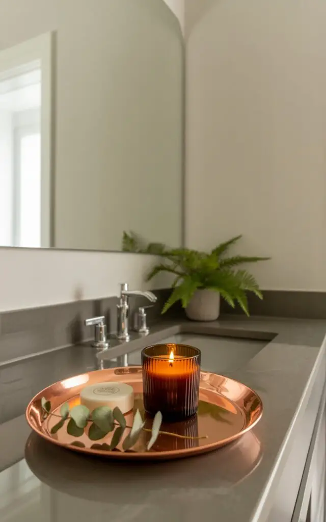A photograph of a minimalist bathroom featuring a striking copper tray as the central focal point on a sleek vanity. The tray showcases a lit amber glass candle, a small white ceramic soap dish, and a sprig of dried eucalyptus, their textures contrasting against the tray's metallic sheen which softly illuminates the nearby grey stone countertop. The bathroom's walls are a soft off-white, complemented by a large, frameless mirror reflecting the warm light and creating a sense of spaciousness. A single potted fern sits on the floor, adding a touch of natural greenery to the polished, cozy space.