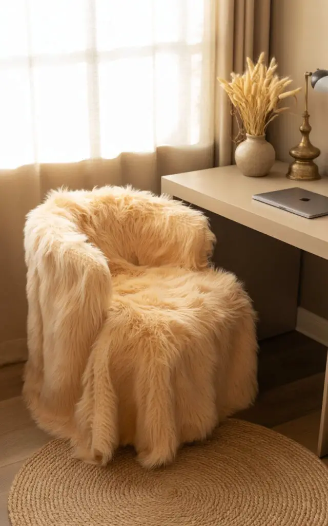 A photograph of a slipcovered chair draped with soft, cream-colored faux fur taking center stage in a cozy fall office. The chair's rounded shape and plush texture create an inviting focal point, with warm, ambient light highlighting the subtle details of the fur’s texture. Beside the chair sits a modern desk holding a closed laptop, a rustic brass lamp, and a small ceramic vase filled with dried wheat stalks, all resting upon a large, handwoven beige rug. Soft, diffused sunlight streams in through a window, casting gentle shadows and illuminating the warm, inviting tones of the room.
