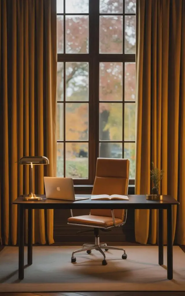 A photograph of a meticulously designed office bathed in the warm glow of a fall afternoon. Thick velvet curtains in mustard yellow frame a large window, softening the light and casting a gentle radiance across a modern office table and chair set. A brass lamp illuminates a sleek laptop and an open notebook on the table, while the rich texture of the curtains adds a touch of luxury to the well-appointed space. Outside the window, a blurred vista of autumnal trees hints at the cooler weather, creating a comforting and elegant retreat.