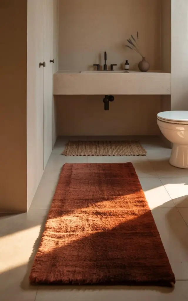 A photograph of a minimalist bathroom bathed in the warm glow of morning light, showcasing a plush rust-colored runner rug laid across the smooth tile floor. The rug's rich texture contrasts with the sleek white walls, black hardware, and a simple vanity, while a smaller woven taupe rug sits artfully layered beneath the sink, adding depth. Soft shadows fall across the pristine surfaces, highlighting the cozy ambiance created by the textiles, and a small ceramic vase with a single sprig of dried lavender sits on the vanity. The scene evokes a feeling of calm and seasonal warmth, transforming the modern bathroom into an intimate retreat.