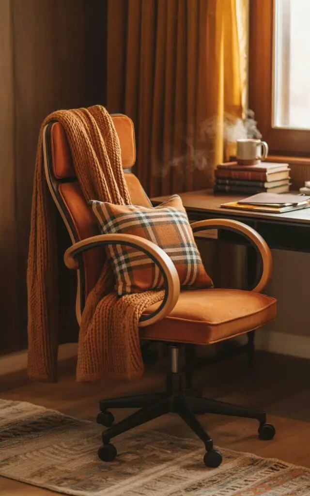 A photograph showcasing a beautifully designed office chair draped with a chunky knit throw in deep orange tones. The chair features a curved wooden frame and plush upholstery, with a plaid cushion resting comfortably against its back, adding a touch of autumnal charm. A meticulously organized stack of leather-bound books and a steaming ceramic mug sit on a nearby wooden desk, while a soft, woven rug grounds the scene with its intricate pattern. Golden light streams in from a nearby window, warmly illuminating the textures of wool, cotton, and wood, creating an inviting and cozy atmosphere.