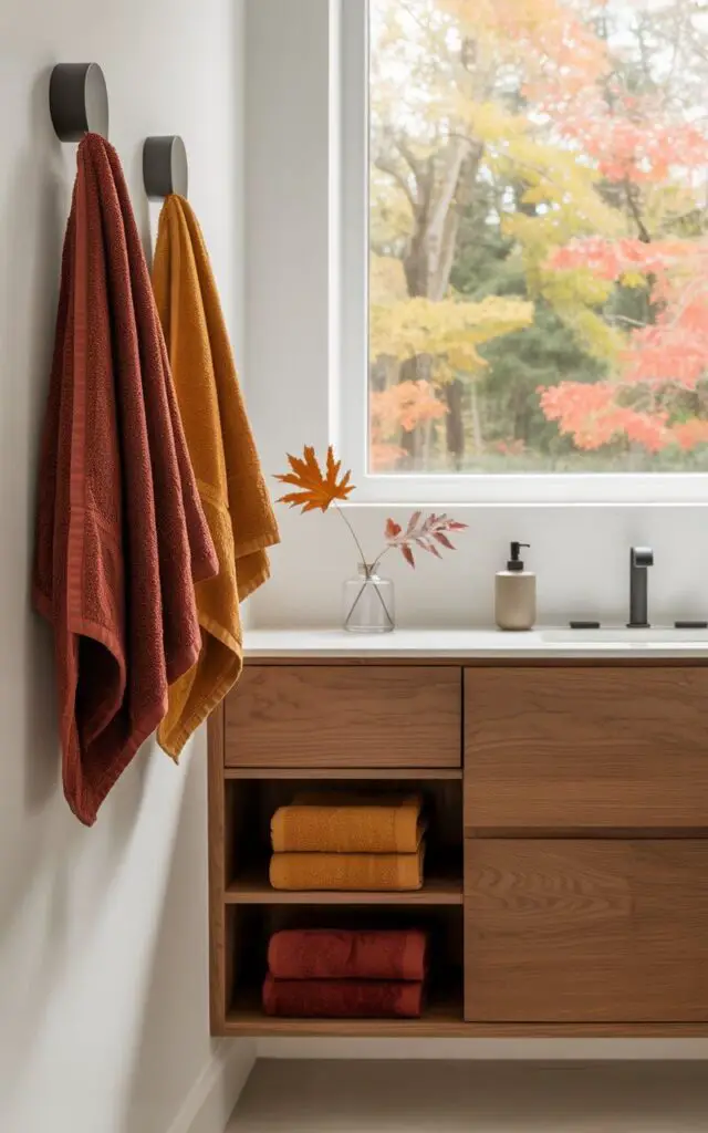 A photograph of a minimalist bathroom bathed in soft, natural light, showcasing a sleek, modern vanity as its focal point. The vanity is crafted from warm-toned wood and topped with a white quartz countertop, holding a simple ceramic soap dispenser and a small vase with a single dried autumn leaf. Crisp white walls are accented by deep burnt orange, mustard yellow, and cranberry red plush towels neatly folded on wooden shelving, and casually draped from matte black hooks. A large window behind the vanity offers a glimpse of a vibrant fall landscape with colorful trees, completing the cozy and stylish autumnal scene.