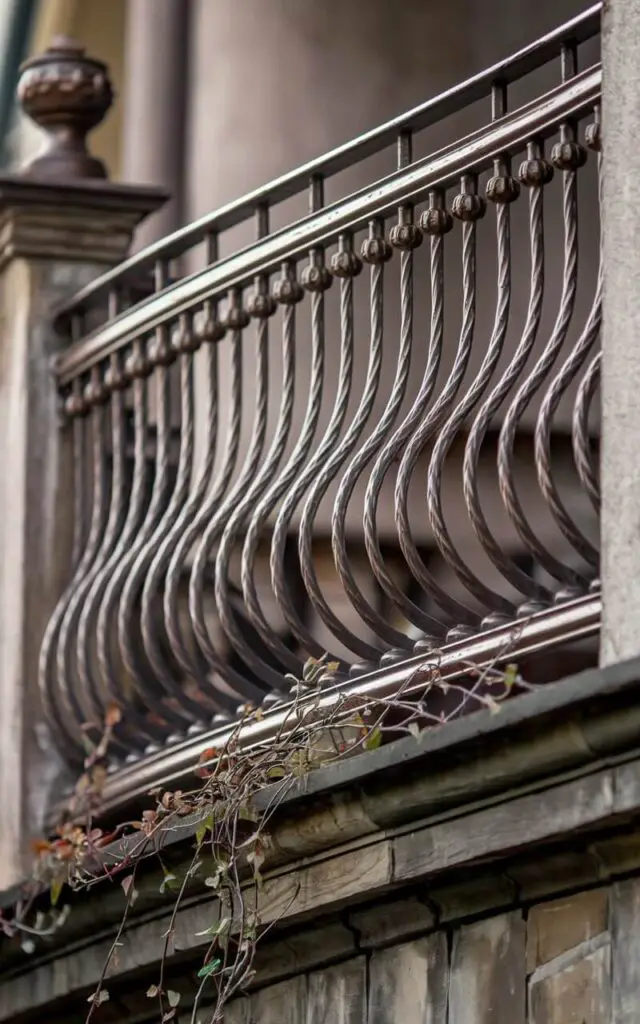 A cinematic shot of a balcony with a curved iron balustrade. The balustrade is aged bronze with a hand-forged finish. There are decorative finials on the vertical balusters. The railing is mounted on a masonry parapet. Seasonal vines are beginning to climb at the base of the railing.