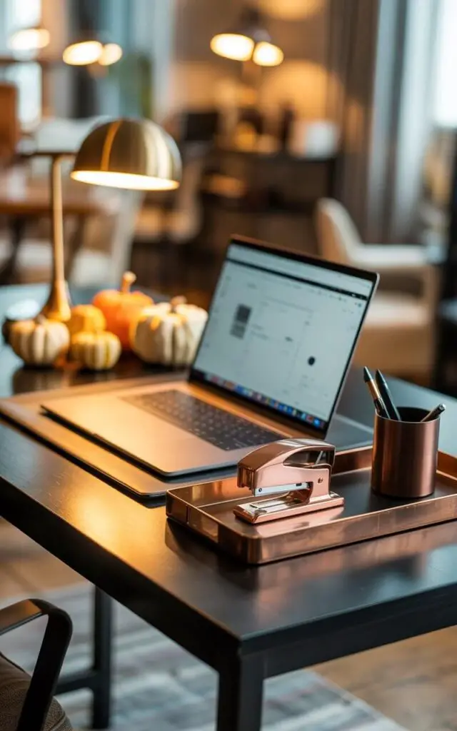 A photograph of a meticulously styled autumn office space featuring a sleek, modern desk and chair. A copper stapler, bronze paper tray, and matte black pen holder gleam subtly on the desk’s surface, arranged around an open laptop displaying a minimalist interface. Warm, diffused light illuminates a nearby brass desk lamp and a scattering of small, decorative pumpkins, highlighting the rich textures of the space. The background reveals a blurred view of a stylish, neutral-toned office with soft, ambient lighting, completing the sophisticated and seasonally-inspired atmosphere.