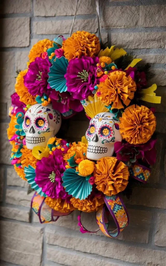 A photo of a vibrantly adorned Halloween wreath hanging on a stone-gray wall. The wreath is made of bright faux marigolds, paper-style flowers in magenta, yellow, and teal, and two sugar skulls with hand-painted patterns. The wreath also includes ribbons in complementary hues woven gently through the base. The sugar skulls face outward symmetrically, and the floral clusters are evenly spaced. Soft side lighting accentuates the skull designs and the layered petals, creating depth without visual chaos.
