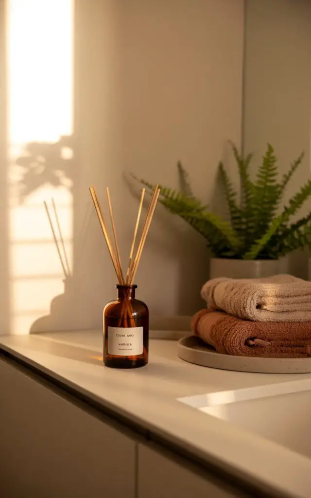 A photograph of a minimalist bathroom bathed in the soft glow of diffused morning light. On a sleek, white vanity sits a reed diffuser housed in an amber glass bottle, its delicate wooden reeds gently releasing the scent of "clove and vanilla". A nearby ceramic tray holds neatly folded towels in shades of warm taupe and rust, contrasting with the clean white countertop and walls. The space evokes a sense of serene autumn retreat, with a single potted fern adding a touch of natural vibrancy.
