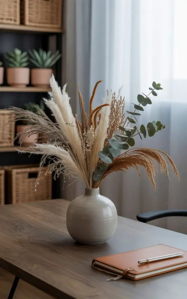A photograph of a modern office showcasing a minimalist aesthetic with a ceramic vase as the central focus. The vase, a soft matte grey, is artfully filled with pampas grass, dried wheat stalks, and eucalyptus sprigs, arranged to create a flowing, organic shape on a sleek walnut desk. Beside the arrangement sits a closed leather-bound notebook and a silver pen, while the background reveals shelves styled with woven baskets and potted succulents in earthy tones. Soft, diffused daylight streams through a nearby window, illuminating the scene with a gentle warmth and highlighting the textural details of the dried florals.