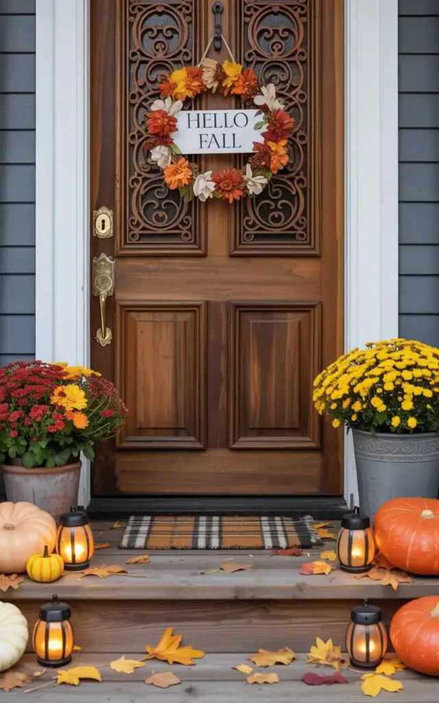A photograph of a beautifully designed front porch centered on an intricately carved wooden door adorned with a playful fall-themed door hanger. The door itself features a gleaming nickel key lock, and the hanger displays the words "Hello Fall" in elegant lettering. Surrounding the door, vibrant orange, yellow, and red mums spill from rustic ceramic pots, alongside an assortment of pumpkins and warm-glowing lanterns scattered across the wooden steps, all resting on a cozy plaid doormat. Soft, diffused sunlight gently illuminates the scene, creating a welcoming and festive atmosphere.