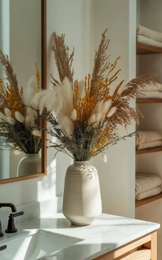 A photograph of a minimalist bathroom bathed in soft, natural light, with a tall ceramic vase as its centerpiece. The vase sits gracefully on a clean, white marble vanity beside a frameless mirror, filled with a striking arrangement of pampas grass, golden wheat stalks, and delicate dried lavender. Simple wooden shelving holds neatly rolled towels, and the overall color palette consists of muted creams, browns, and soft greens, evoking a sense of autumnal tranquility. The scene exudes understated elegance, with the dried floral arrangement serving as the clear focal point against the crisp and modern backdrop.