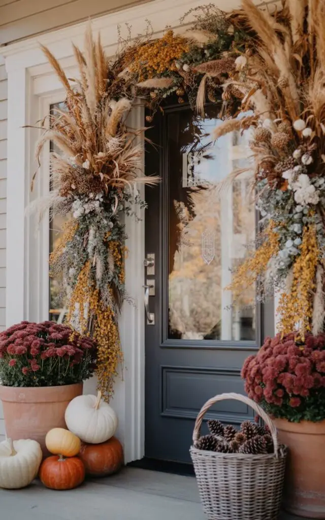A photograph of an intricately designed front door, framed by a lush display of autumnal decorations. The door features a brushed nickel key lock and is painted a deep charcoal gray, standing out against the warm tones of the porch. Tall arrangements of dried flowers in terracotta pots overflow with feathery pampas grass, golden wheat stalks, and sprigs of dried lavender, complemented by a collection of white and burnt orange pumpkins at the base and deep burgundy mums flanking the doorway. Soft, diffused sunlight illuminates the scene, creating a welcoming and serene atmosphere, while a weathered woven basket filled with pinecones sits casually on the nearby porch step.