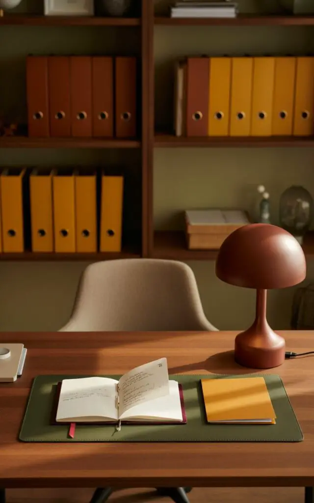 A photograph of a stylish office desk bathed in the soft glow of a late afternoon sun. A meticulously organized desk showcases a deep burgundy notebook open to a page filled with handwritten notes, alongside a mustard-colored file folder and a forest-green mousepad, all resting on a warm wood surface. Behind the desk, shelves are neatly arranged with color-coordinated binders in autumnal shades of burnt orange and golden yellow, while a matte bronze lamp sits elegantly on the table, its light highlighting the scene. The space exudes a sense of seasonal sophistication, with a neutral-toned chair completing the composition and inviting a feeling of calm productivity.