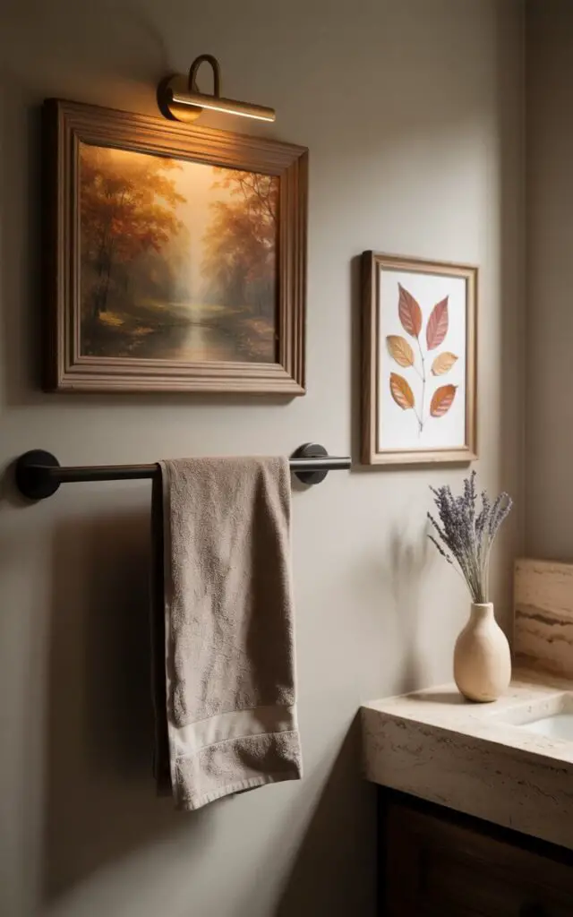 A photograph of a meticulously designed minimalist bathroom bathed in warm, diffused light. Above a sleek, dark wood towel rack hangs a framed painting depicting a serene autumn landscape with burnt orange and golden yellow foliage, the canvas reflecting the season. Beside it, a smaller frame displays delicate pressed leaves in shades of amber and russet, creating a textural contrast on the pale grey walls. A single, elegant porcelain vase holding a few sprigs of dried lavender sits on the corner of a stone countertop, completing the space's quiet, seasonal charm.