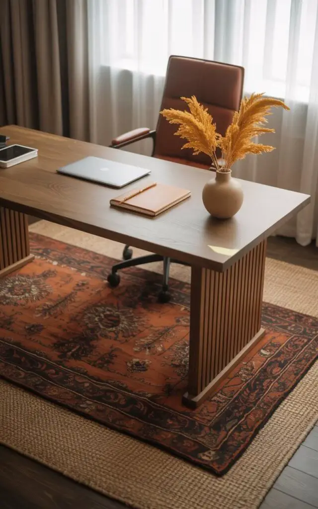 A photograph of a modern, cozy office centered around an elegantly designed wooden desk and chair. The desk showcases a sleek laptop, a leather-bound notebook, and a minimalist ceramic vase holding golden dried grasses, all positioned in the direct center of the frame. Layered beneath the desk and chair are two area rugs: a foundation of neutral beige, topped with a patterned rug displaying rich burnt orange and deep red hues, creating a visually striking contrast. Soft, diffused light streams through a nearby window, illuminating the textures and enhancing the inviting, fall-inspired aesthetic of the well-appointed workspace.