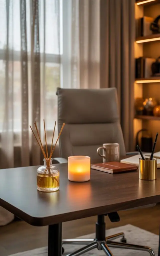 A photograph of a beautifully designed office space radiating autumnal serenity. At the center sits a sleek, dark walnut desk paired with an ergonomic grey chair, perfectly aligned to capture soft morning light filtering through sheer linen curtains. Resting on the desk is a glass reed diffuser filled with shimmering golden liquid and slender bamboo sticks, accompanied by a glowing flameless candle and a ceramic mug, alongside a leather-bound notebook and a polished brass pen holder. The background features a warm-toned bookshelf filled with decorative items and soft, diffused light creating a cozy and productive atmosphere.