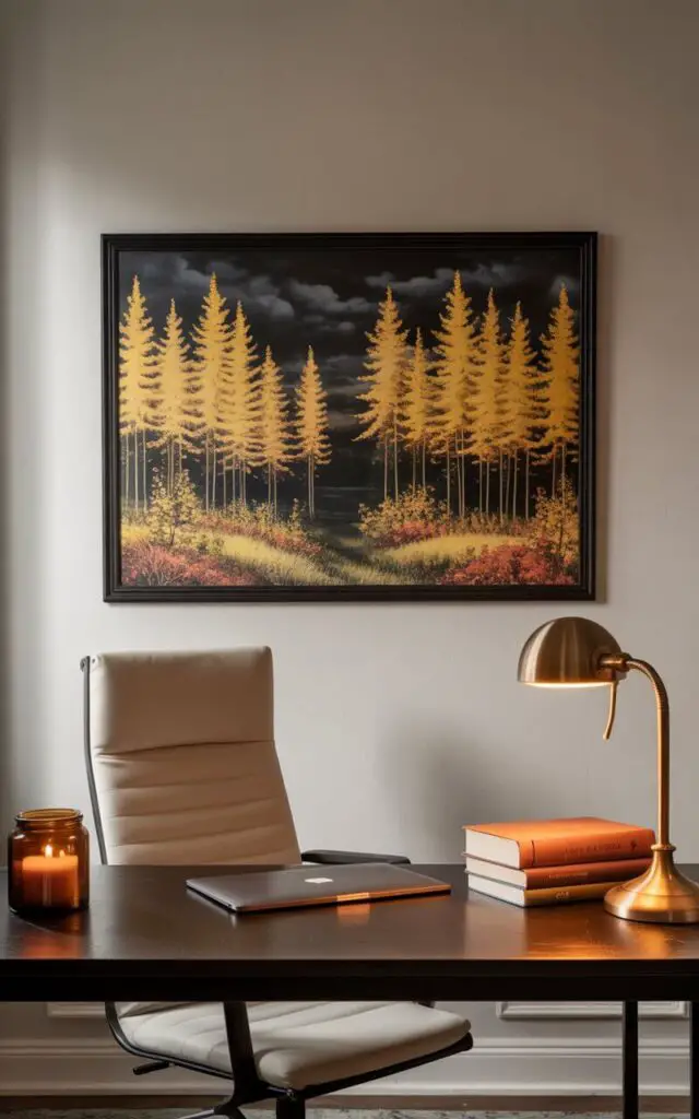 A photograph of a modern office interior centered around an elegantly designed desk and chair. Above the desk hangs a striking piece of wall art depicting golden forest landscapes framed in matte black, creating a warm and seasonal focal point. The desk is meticulously arranged with a slim laptop, a bronze desk lamp casting a soft glow, and a stack of books in rich autumn colors, while a candle in a glass jar sits nearby, offering a subtle, ambient light. The neutral-toned chair complements the earthy palette, and diffused sunlight streams through a nearby window, softly illuminating the space and enhancing the overall atmosphere of autumn elegance.