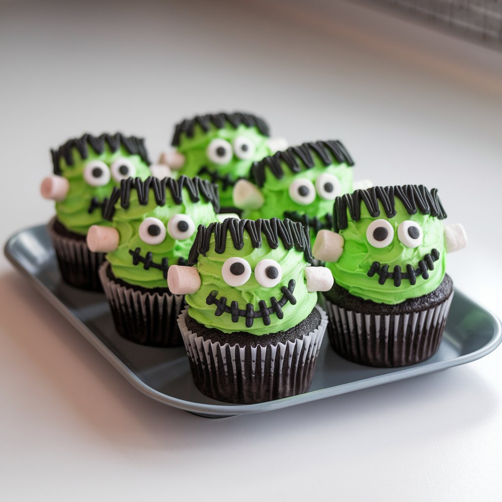 A photo of a cheerful lineup of Halloween cupcakes decorated as cartoon Frankensteins. The cupcakes are frosted in vivid green icing and have jagged black frosting hair piped along the top edge. Each cupcake has candy eyes set wide apart and a stitched mouth drawn with black gel icing. Small marshmallows are stuck into the sides as bolts. The glossy green frosting glows under natural light, giving the faces a lively appearance. The cupcakes are set together on a gray tray placed on a bright plain white kitchen countertop. The Frankenstein cupcakes look silly, colorful, and fun.