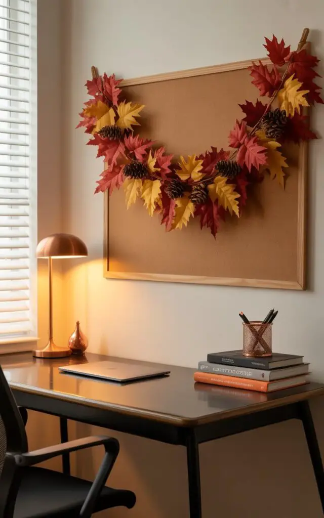 A photograph of a warmly lit, modern office showcasing a meticulously organized workspace. An elegant desk and chair are centered in the frame, with a laptop resting on the polished surface alongside a stack of design books and a copper pen holder. A festive garland of burnt orange, golden yellow, and deep red faux leaves with pinecones is draped across a pinboard above the desk, adding a touch of autumnal charm. Soft light filters in through a window, highlighting the clean lines of the workspace and creating a cozy, inviting atmosphere.