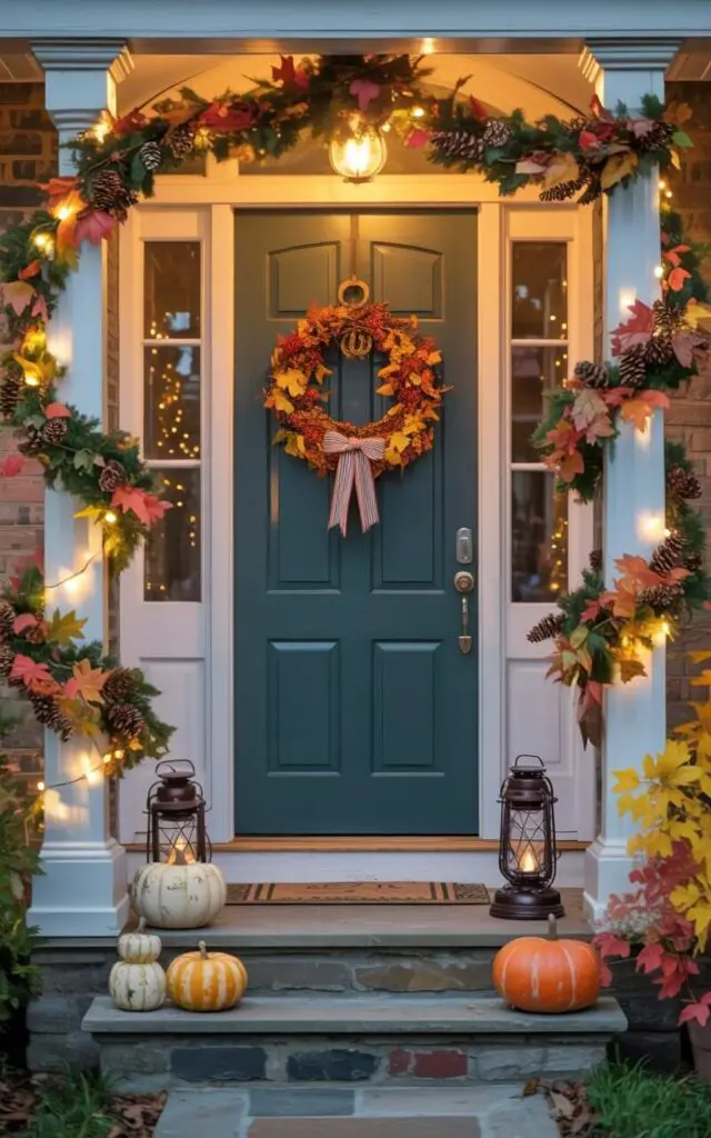 A photograph of a charming front porch bathed in the warm glow of late afternoon sunlight, showcasing a beautifully decorated entrance. The focal point is a dark teal door with a prominent nickel key lock, framed by lush garlands of autumn leaves, pinecones, and twinkling fairy lights. Two ornate ceramic pumpkins and antique lanterns adorn the stone steps leading to the door, while a vibrant wreath with a bow hangs centered on the door. The porch columns are elegantly wrapped in matching garlands, and a gently blurred background of colorful fall foliage completes the welcoming scene.
