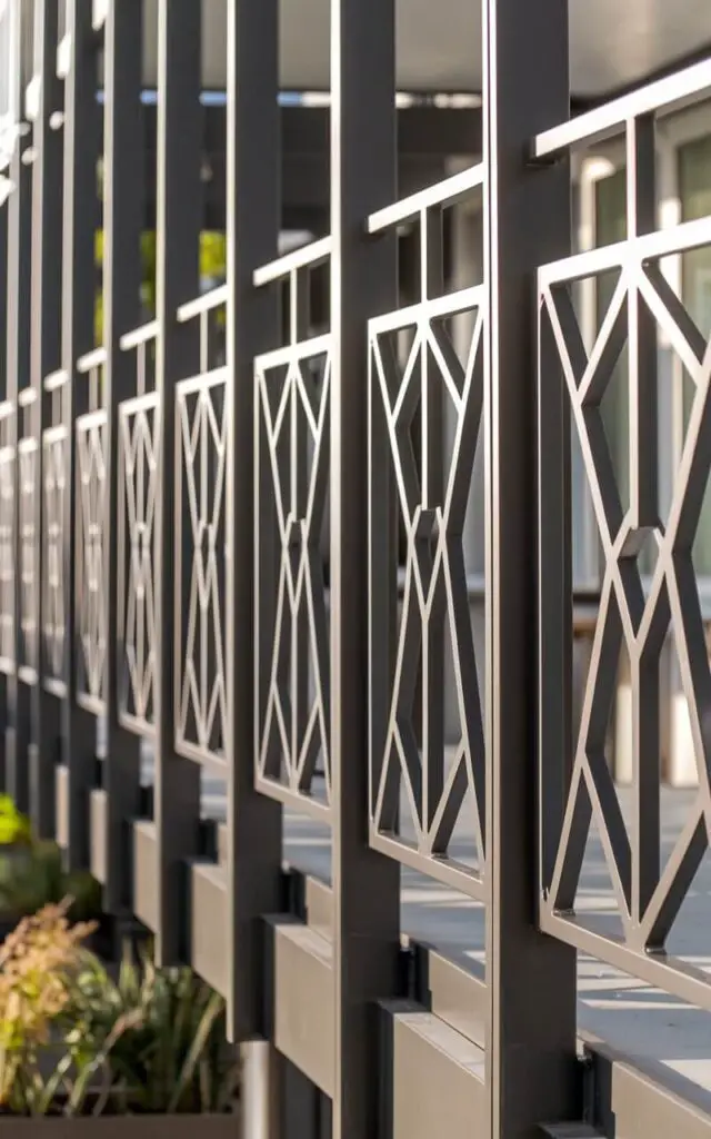 A photo of a balcony railing with bold geometric motifs—triangles and hexagons interlaced into a rhythmic lattice. The railing is made of laser-cut steel panels and is mounted into slim posts. The railing is powder-coated in matte bronze. There are no additional decorations or clutter. Sunlight projects honeycomb shadows across the balcony. There are planters nearby that add softness against the sharp shapes. The railing is both a structural safety feature and a modern sculpture, turning the balcony into a statement piece.