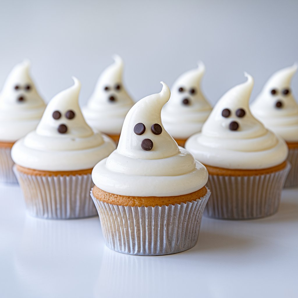 A minimalist Halloween cupcake display with a ghostly theme. Each cupcake is frosted with a tall swirl of white icing, forming a ghostly shape. Two mini chocolate chips or candy eyes are pressed into the front for a face. The smooth white frosting glows softly under natural light, creating a clean, airy effect. The cupcakes are placed neatly on a bright plain white kitchen countertop, looking simple, charming, and perfectly ghostly.