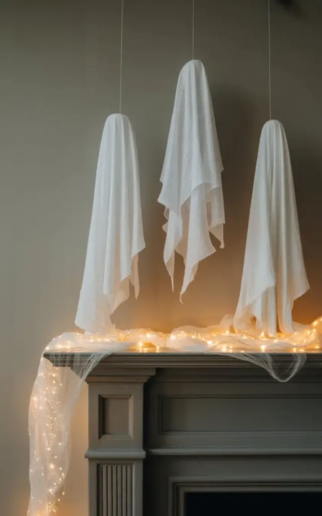 A photograph of an elegantly styled Halloween mantel featuring delicate white fabric ghosts suspended at varying heights, appearing to float gracefully above the mantelpiece surface. The ethereal ghosts are crafted from flowing gauzy material, each with gentle curves and soft draping that catches ambient light beautifully. Wispy white fabric cascades across the dark wooden mantel, interwoven with warm golden string lights that create a soft, enchanting glow from beneath the translucent material. The minimalist composition uses only a few carefully placed elements against a muted wall, achieving a sophisticated balance between whimsical charm and refined interior design that feels both kid-friendly and adult-approved.