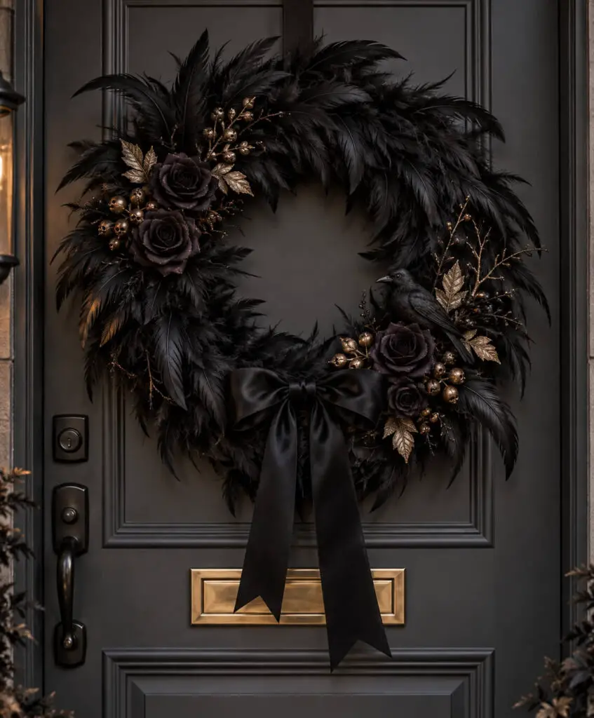 Gothic Black Feather Wreath Door Decor