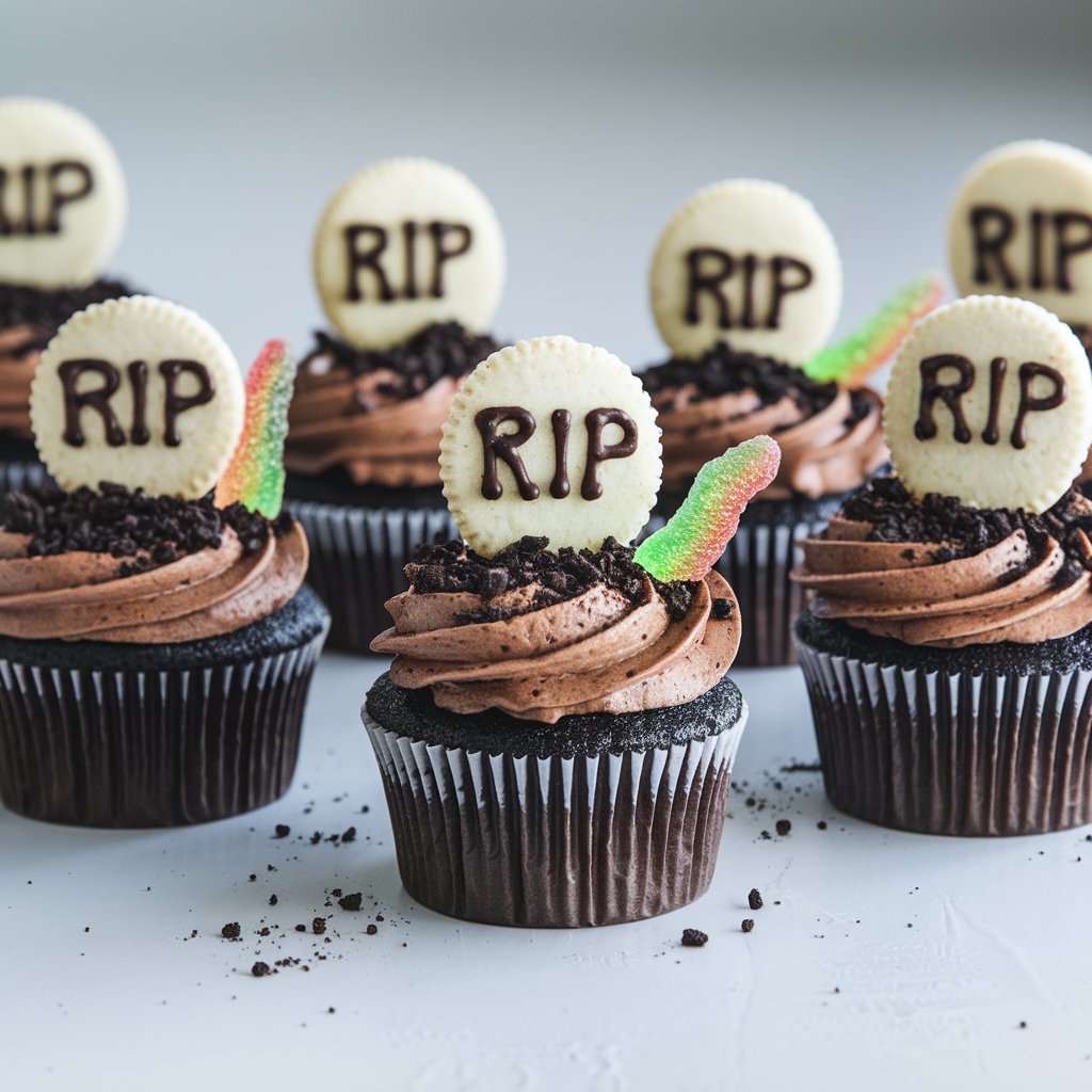 A photo of several Halloween cupcakes styled as tiny graveyards. Each cupcake is topped with thick chocolate frosting and coated in crushed Oreo "dirt". Milano cookies are inserted vertically into the frosting as gravestones, each one marked with "RIP" written in black icing. A few gummy worms crawl out of the cookie dirt, adding a playful, spooky detail. The rough cookie texture contrasts with the smoothness of the frosting, which glistens faintly under natural light. The cupcakes are arranged casually on a bright plain white kitchen countertop, creating the perfect eerie-yet-fun effect.