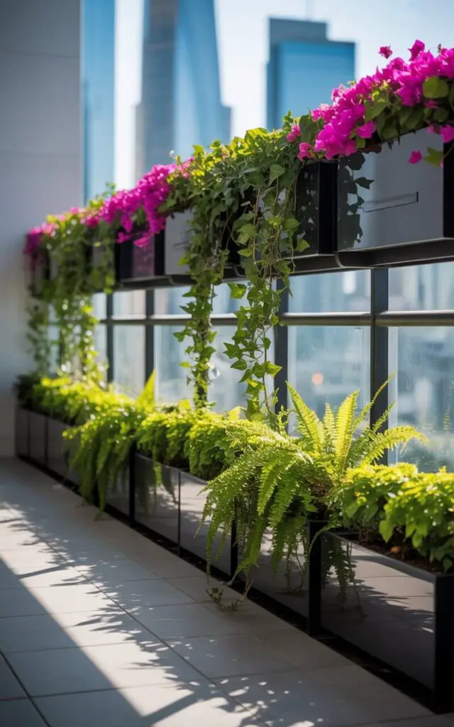 A photograph showcasing a modern balcony with a striking vertical garden railing. The sleek black steel railing is lined with modular planter boxes brimming with vibrant emerald ivy, delicate ferns, and cascading magenta flowering vines, creating a lush wall of greenery. Sunlight filters through the dense foliage, casting intricate shadows across the grey tiled balcony floor and highlighting the texture of the plants.  Beyond the railing, a blurred cityscape with towering skyscrapers fades into a soft, hazy background, complementing the balcony’s serene atmosphere.