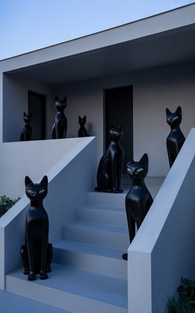A photograph of a modern porch bathed in the soft glow of twilight, featuring several sleek black cat figures guarding the staircase. The cats, with glowing emerald eyes, are posed dramatically – some seated proudly on the pristine white steps, one perched elegantly near the entrance. The minimalist design of the porch, with clean white walls and uncluttered railings, creates a striking contrast against the dark silhouettes of the cats. Soft, ambient lighting illuminates the scene, casting long shadows and emphasizing the subtle spooky elegance of the Halloween-themed arrangement.