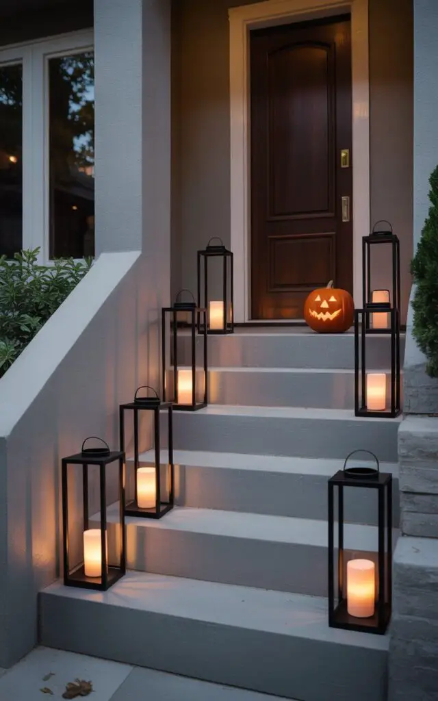 A photograph of a modern porch designed with a Halloween theme, highlighting tall black lanterns. Six sleek, matte black lanterns are strategically placed along the stone staircase and corners, each containing a warm flickering LED candle that casts elongated shadows across the steps. The porch features clean lines and a neutral gray palette, while a single, intricately carved pumpkin sits beside the dark wooden doorway, completing the seasonally balanced aesthetic. Soft, ambient lighting illuminates the scene, emphasizing the lanterns’ glow and creating a welcoming yet subtly eerie atmosphere.