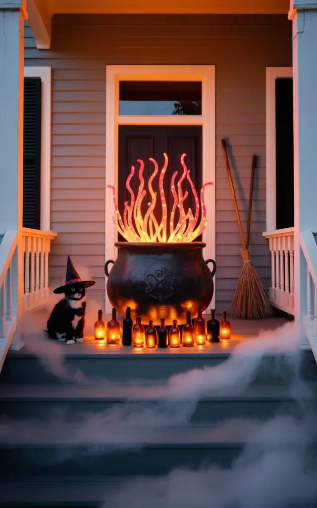 A photograph of a meticulously designed porch transformed into a spooky Halloween display centered around a large, ornate cauldron. The cauldron sits prominently on the porch, overflowing with vibrant orange and red glowing lights that resemble flickering flames, while a black cat wearing a small witch hat sits attentively beside it. Wisps of grey fog curl around the porch steps, partially obscuring a collection of antique potion bottles and leaning broomsticks neatly arranged around the cauldron's base. Soft, amber light emanates from within the cauldron, casting long, eerie shadows across the porch and highlighting the minimalist design of the surrounding wooden structure.