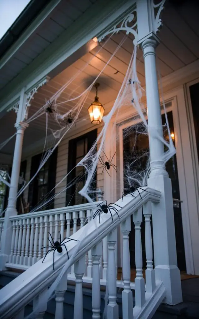 A photograph of a minimalist porch transformed into a haunting Halloween scene, dominated by elaborate cobwebs. Wispy white cobwebs densely drape the staircase railings, with several oversized black spiders meticulously positioned on the silken threads, creating a stark contrast against the clean white paint. The porch columns and ornate light fixtures are also meticulously covered in delicate webbing, illuminated by the soft glow of a single flickering lantern hanging near the front door. The overall lighting is dim and atmospheric, enhancing the spooky yet artfully staged appearance of the abandoned home.