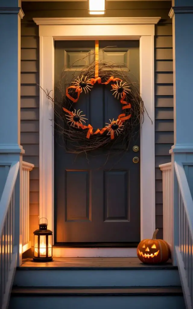 A photograph of a welcoming front porch, showcasing a dramatic Halloween wreath prominently displayed on the front door. The wreath, meticulously crafted from twisted black twigs, is accented with vibrant orange ribbons and realistic faux spiders, drawing the eye immediately. A small, rustic lantern and a single carved pumpkin rest on the first step of the staircase, casting a warm glow and subtly complementing the wreath's eerie charm while the clean porch trim and staircase frame the scene. Soft, ambient light illuminates the porch, creating a stylishly spooky and perfectly minimalist autumnal aesthetic.