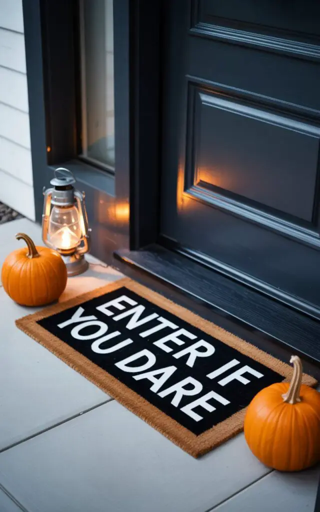 A photograph showcases a modern porch with a striking Halloween theme. A rectangular doormat is centered in front of the dark gray door, boldly displaying the phrase "Enter If You Dare" in stark white lettering. Two small, perfectly round orange pumpkins sit on either side of the doormat, illuminated by a flickering, antique-style lantern placed slightly behind them. Soft, diffused natural light gently illuminates the clean lines of the porch, highlighting the understated elegance and festive spirit of the scene.
