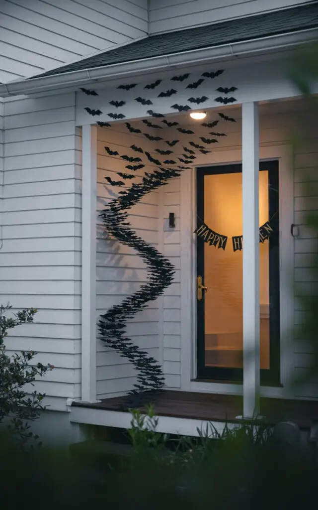 A photograph of a pristine, modern porch transformed into a captivating Halloween display. Hundreds of black paper and foam bats are meticulously arranged to create the illusion of a swirling vortex rising from the base of the staircase, extending towards the house's roofline. Soft, warm light spills from within the house, casting dramatic shadows and highlighting the bats' silhouettes against the clean lines of the porch, while a single "Happy Halloween" banner hangs subtly across the doorway. The scene is captured with a shallow depth of field, bringing the bat formation into sharp focus while blurring the surrounding foliage and creating a spooky yet elegant ambiance.