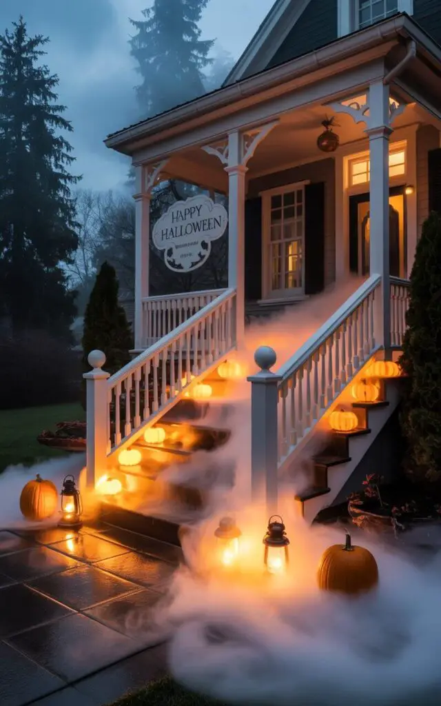 A photograph of a meticulously designed porch bathed in a swirling fog emitted from a fog machine, creating a breathtaking Halloween spectacle. The porch features clean, white wooden railings and steps, with "Happy Halloween" subtly etched into a decorative plaque near the door, while the fog dramatically spills down the staircase and across the walkway like ethereal waves. Scattered throughout the scene are glowing orange pumpkins and antique lanterns, their soft light barely penetrating the dense fog, set against a backdrop of dark, evergreen trees and a moonlit sky. The overall atmosphere is one of eerie elegance and cinematic mystery, enhanced by the strategic use of soft, diffused lighting.