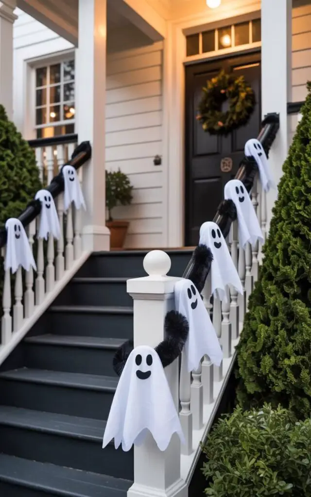 A photograph of a charming porch decorated for Halloween with playful ghost garlands. The garlands, composed of handmade white fabric ghosts, gently sway across the dark wooden staircase railings, each ghost featuring a round face and flowing "body". The porch itself is painted a crisp white, with a welcoming black door adorned with a subtle wreath, set against a backdrop of neatly trimmed green bushes. Soft, diffused lighting creates a warm and inviting atmosphere, enhancing the spooky yet cheerful aesthetic.