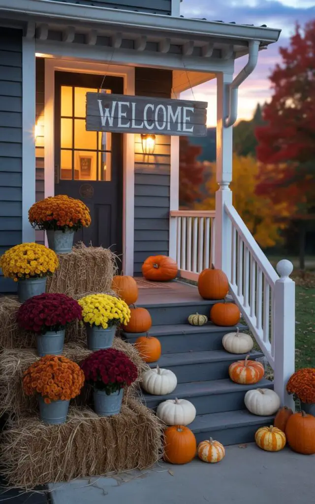 A photograph of a welcoming front porch adorned with autumnal and Halloween decorations. The porch features rustic hay bales displaying vibrant orange, burgundy, and yellow mums, while the staircase is artfully decorated with a neat arrangement of pumpkins and gourds in a minimalist pattern. A weathered wooden sign reading "Welcome" hangs above the doorway, subtly illuminated by warm, inviting light. The background showcases a cozy, slightly blurred view of a colorful fall foliage landscape with a hint of an approaching twilight sky.