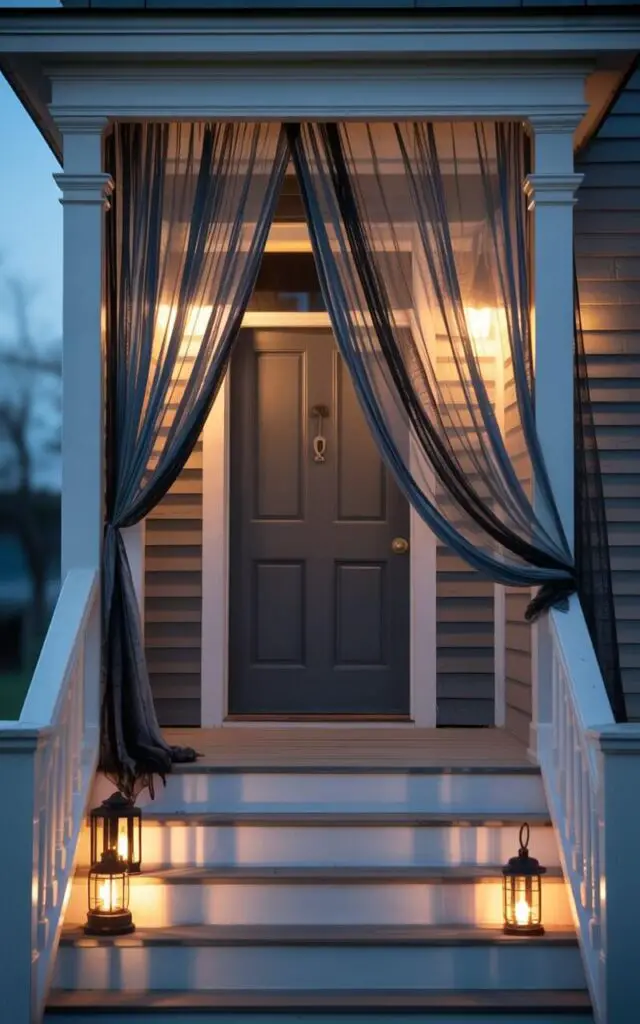 A photograph of a minimalist porch transformed into a chilling Halloween scene by tattered curtains. The gauzy black and gray fabric drapes loosely from the doorway and staircase railings, fluttering gently in an evening breeze; the curtains obscure a dark wooden door with a brass handle and keyhole. Soft, warm light emanates from antique lanterns lining the staircase, casting eerie shifting shadows on the curtains and illuminating the porch's clean architectural lines. The background fades into a blurred, moonlit night, enhancing the haunted-house atmosphere with understated elegance.
