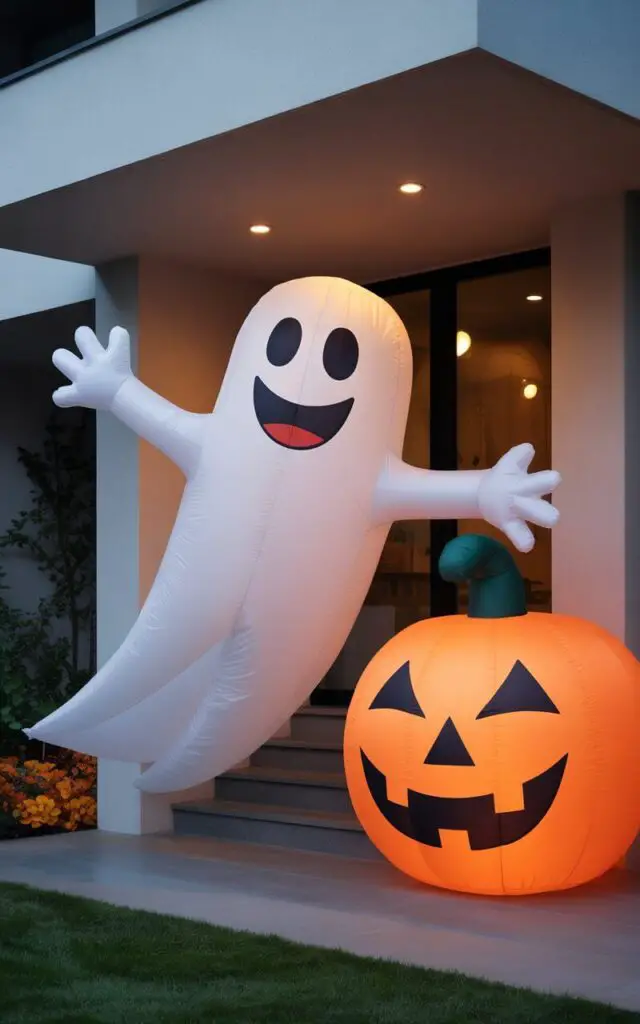A photograph of a modern porch transformed into a playfully spooky Halloween display with oversized inflatable decorations. A massive, smiling ghost inflatable waves cheerfully beside the staircase, its white fabric billowing gently in a simulated breeze. To the side, a giant, grinning pumpkin inflatable rests on the porch floor, its orange surface reflecting the warm glow of recessed porch lights. The minimalist architectural lines of the porch are subtly highlighted by the clean, uncluttered staircase and the gentle illumination of the surrounding landscape, creating a striking contrast between the playful inflatables and the sophisticated design.