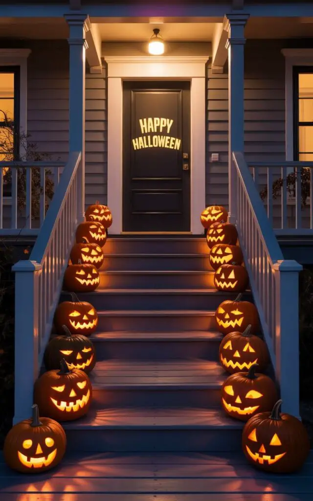 A photograph of a meticulously designed porch bathed in the warm glow of intricately carved jack-o'-lanterns, creating a quintessential Halloween scene. The porch staircase is lined with pumpkins, each displaying a unique expression – some with mischievous grins, others with eerie scowls – illuminated by soft LED candlelight. The minimalist architecture of the porch, with dark grey wooden railings and a sleek black front door, provides a striking contrast to the vibrant pumpkins, guiding the eye towards a welcoming entrance with the words "Happy Halloween" carved into the door. Gentle, diffused lighting from the pumpkins casts playful shadows across the steps and porch, fostering a festive yet refined atmosphere.