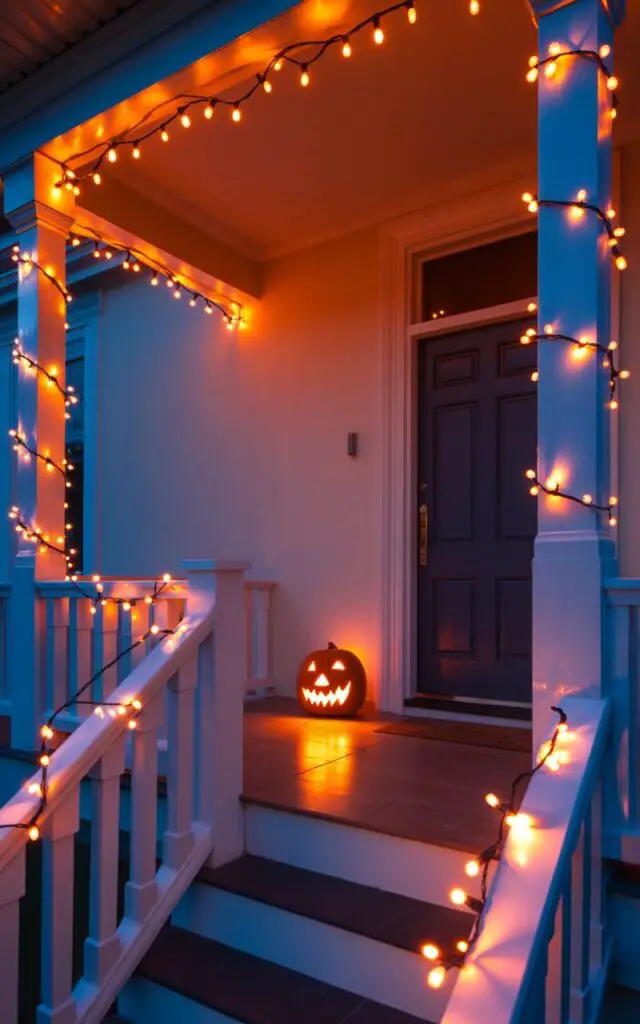 A photograph of a minimalist porch transformed into a glowing Halloween display. Strands of orange and purple fairy lights are delicately wrapped around the staircase railings and supporting columns, illuminating the clean architectural lines of the porch. A single, intricately carved pumpkin sits by the entrance, casting a warm glow on the porch floor as the flickering flame-style bulbs border the staircase, creating long shadows. The overall scene evokes a cozy yet mysterious ambiance, with the soft light outlining the doorframe and porch ceiling against a backdrop of a clear, crisp autumn night.