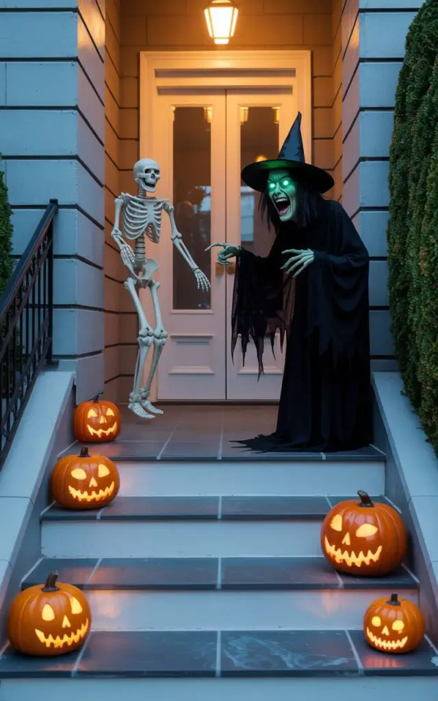 A photograph of a pristine, modern porch transformed into a thrilling Halloween display. A life-sized, animatronic witch with glowing emerald eyes and a tattered black cloak cackles mischievously from the corner, her bony fingers pointing towards a guest approaching the steps. A skeletal figure abruptly springs to life near the polished white staircase, its ribcage illuminated by the warm glow of strategically placed, flickering orange lanterns and carved pumpkins with toothy grins that rest on the grey stone surfaces. The porch is framed by neatly trimmed hedges and a wrought-iron railing, while a soft, ambient light accentuates the unexpected movements of the props, creating a delightfully spooky welcome.