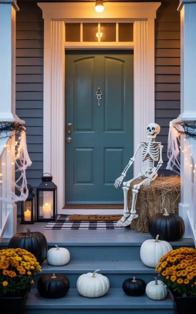 A photograph of a charming front porch decorated for Fall, centered around a beautifully designed teal front door with a gleaming nickel key lock. A playful skeleton figurine is seated on a round hay bale to the right of the door, while a collection of matte black and white pumpkins are neatly arranged along the porch steps. Black lanterns with flickering LED candles and garlands of delicate spiderwebs subtly accentuate the Halloween theme, with vibrant orange mums lining the porch railing and a cozy plaid rug warming the entrance. Soft, ambient lighting from fairy lights strung across the porch creates a welcoming and festive atmosphere.