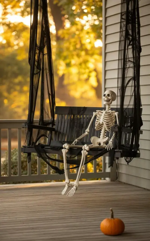 A photograph of a charming Halloween porch swing, the centerpiece of a minimalist front porch. The swing is elegantly draped in black lace and artificial cobwebs, and a whimsical skeleton sits casually, as if welcoming guests to "Happy Halloween." The porch features a simple wooden floor and a blurred background of autumnal foliage, illuminated by the warm, golden light of the setting sun. A single, orange pumpkin rests subtly on the porch floor, adding a final touch of seasonal charm.
