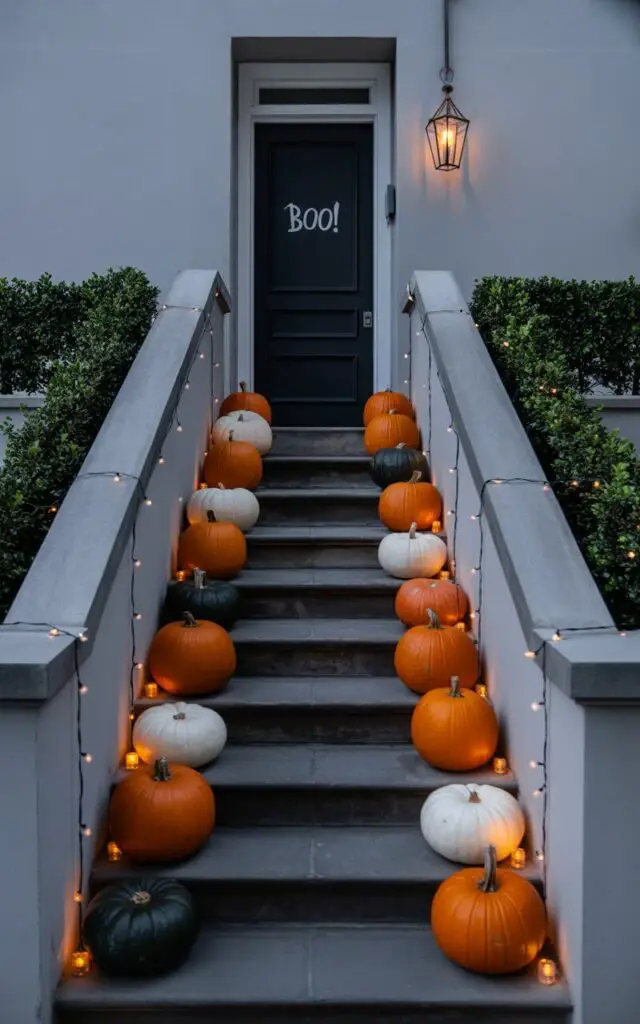 A photograph of a minimalist porch exquisitely decorated for Halloween features a striking display of pumpkins cascading down a stone staircase. The pumpkins, ranging from vibrant orange to ghostly white and deep matte black, are artfully arranged on each step, creating a glowing pathway leading to the front door which reads "Boo!". Subtle string lights woven through the railings cast a warm, inviting glow on the pumpkins and the clean, dark grey stone of the staircase, framed by neatly trimmed boxwood hedges. A single, ornate wrought-iron lantern hangs above the door, adding a touch of classic Halloween charm to the modern aesthetic.
