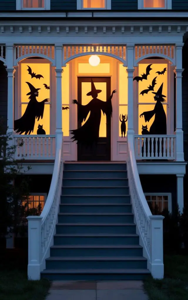 A photograph of a stately Victorian porch transformed into a chilling Halloween display. Silhouettes of black witches, bats, and cats are dramatically displayed within the windows, backlit with a ghostly orange glow emanating from inside the house. A grand, curving staircase leads up to the porch, creating a sense of anticipation as it guides visitors towards the eerie scene, while the porch's minimalist design – clean white railings and subtle trim – accentuates the spooky window figures. The soft, ambient light of a full moon illuminates the scene, enhancing the theatrical yet simple Halloween decor.
